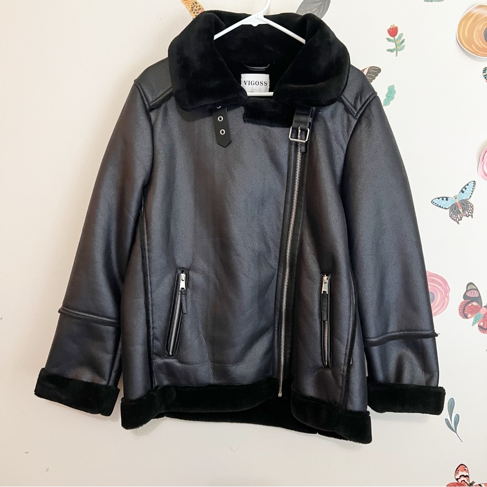 Vigoss Women's Black Leather Fur Lined Jacket L